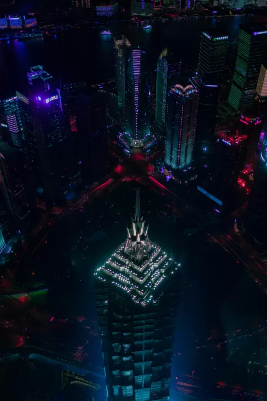 Skyscrapers, Shanghai, Cityscape, Skyline, Aerial view, Night, City lights