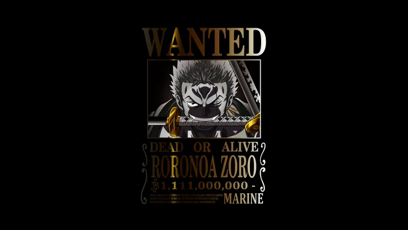 Roronoa Zoro Wanted, One Piece 5K, Black background