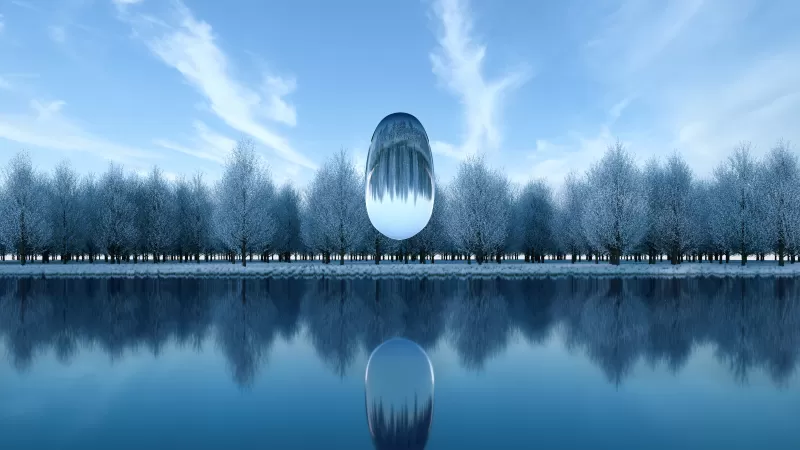 Surreal, Winter, Frozen trees, Reflection, Lake, 3D, Glass, 5K, Cold, Aesthetic