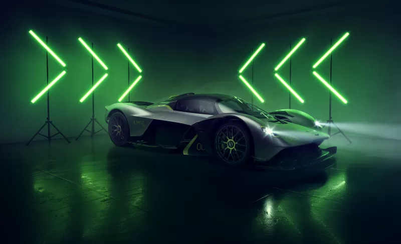 Aston Martin Valkyrie AMR Pro, Hypercars, Hybrid sports car, 5K, Neon background, Dark aesthetic, 5K