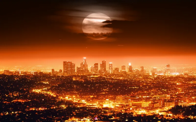 Los Angeles City HD, Night, Cityscape, Moon