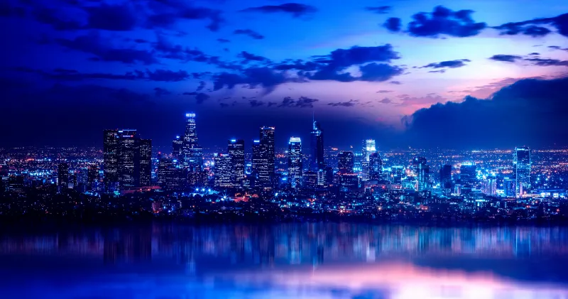 Los Angeles City 4K, City lights, City Skyline, Night City, Neon background