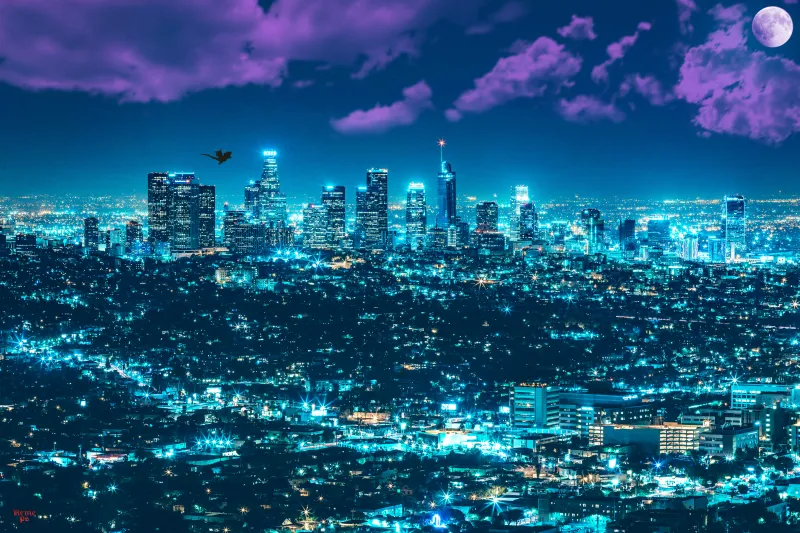 Los Angeles City, Cityscape, Neon background, Night, Skyline, 5K