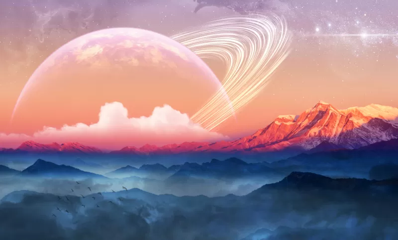 Ringed planet, Pink mountains, Surreal sunrise, 5K wallpaper