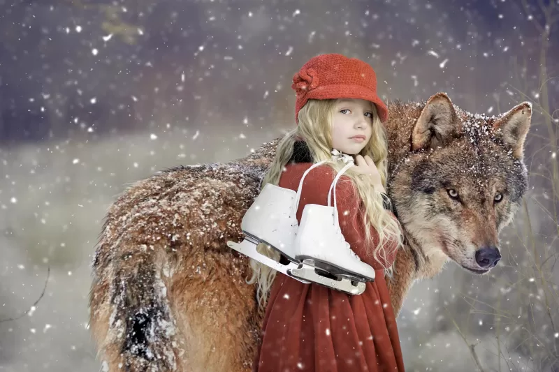 Cute Girl, Wolf, Snowfall, Winter, Pet, 5K