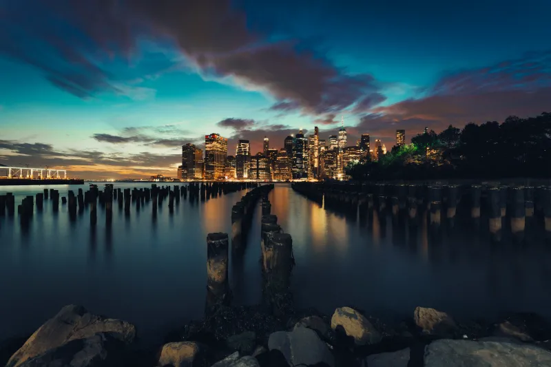 New York skyline wallpaper, Brooklyn pier pilings, Long exposure