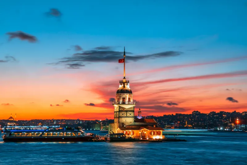 Maiden's Tower, Istanbul, Bosphorus sunset, 5K wallpaper