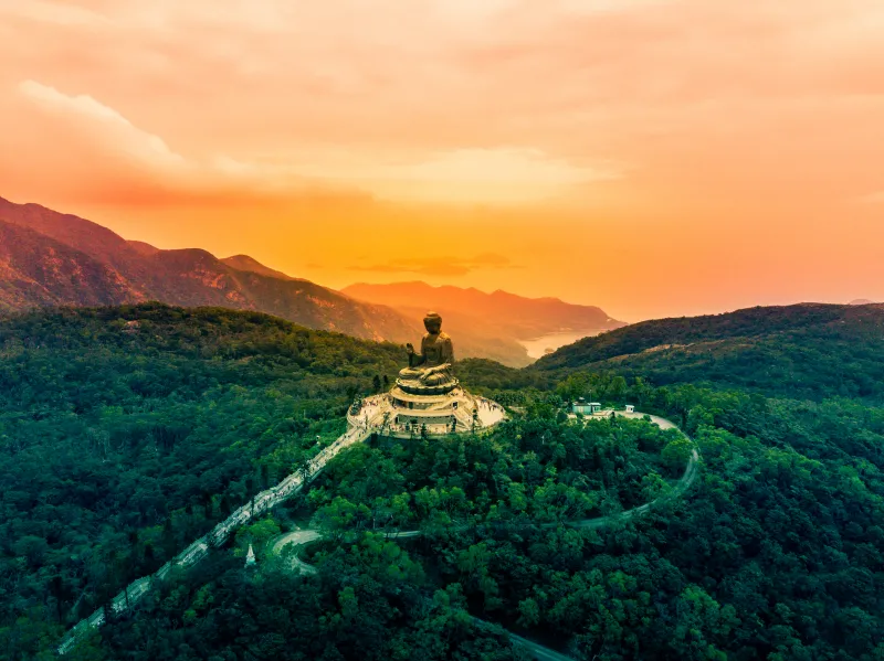 Buddha Statue Tian Tan Buddha, The Big Buddha, Hong Kong, Aerial view, Giant Buddha, Ngong Ping, Lantau Island