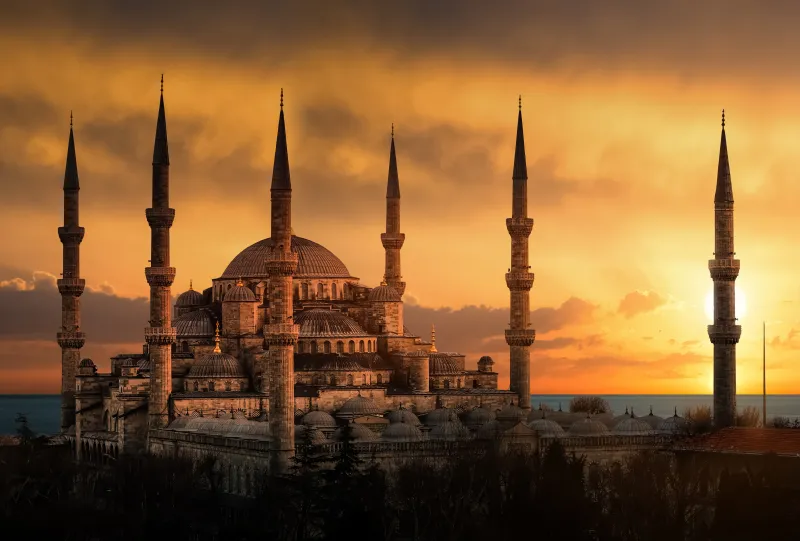 Blue Mosque, Sultan Ahmed Mosque, Istanbul, Turkey, Ancient architecture, 5K, 8K, Sunset
