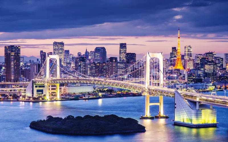 Rainbow Bridge Japan, Twilight, Cityscape, City lights, 5K