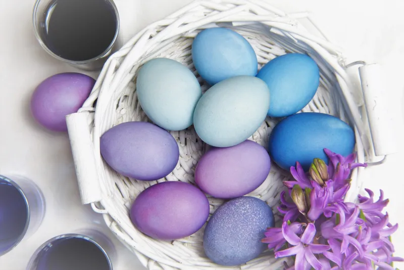 Easter eggs, Purple, Blue, Basket, 4K