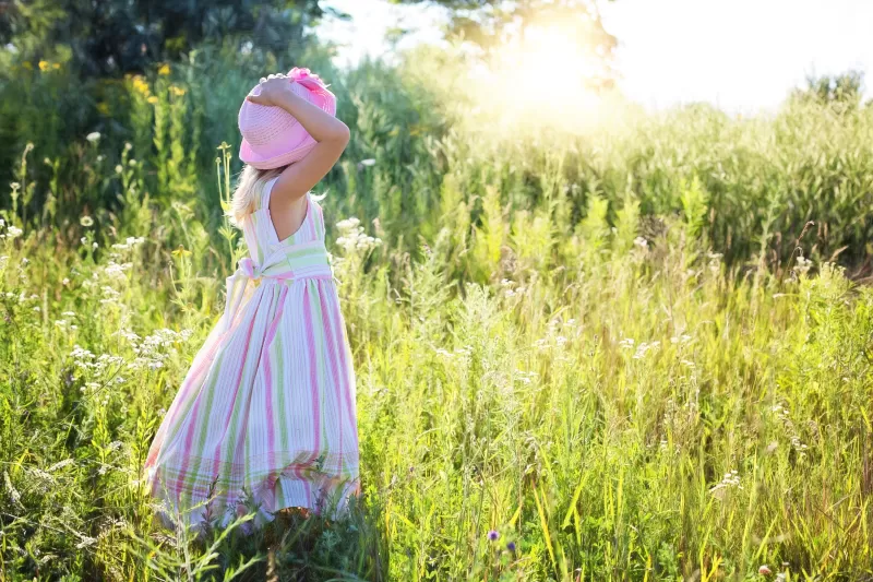 Little girl in meadow wallpaper, Summer day, Pink hat