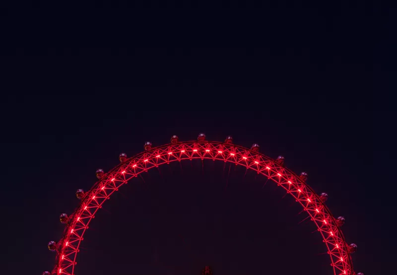 London Eye, Ferris wheel, Tourist attraction, Night, Illuminated, 5K, England