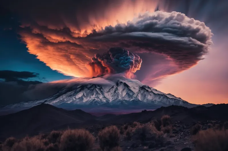 Volcano, Eruption, Sunset, Surreal, Landscape, Mountain, Apocalypse, 5K