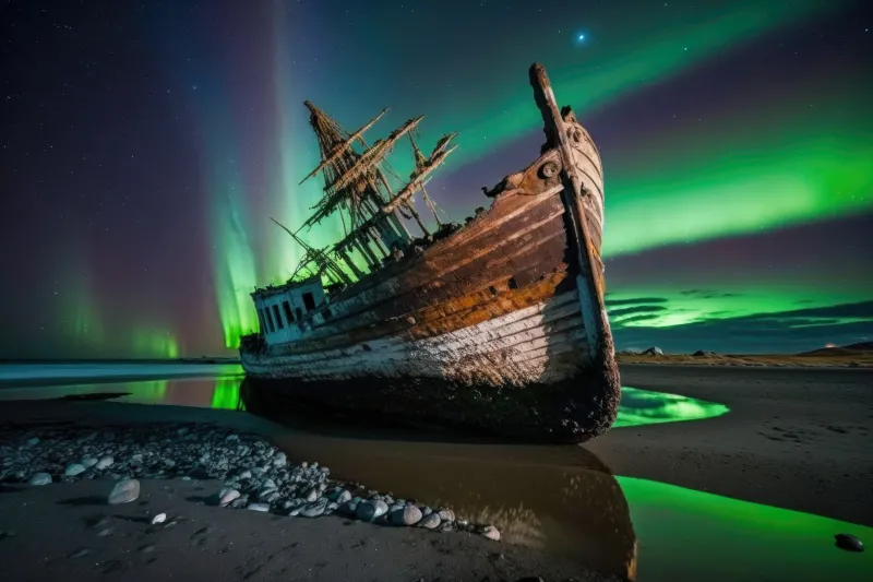 Abandoned Ghost ship, Aurora, Shipwreck, Northern Lights, 8K wallpaper