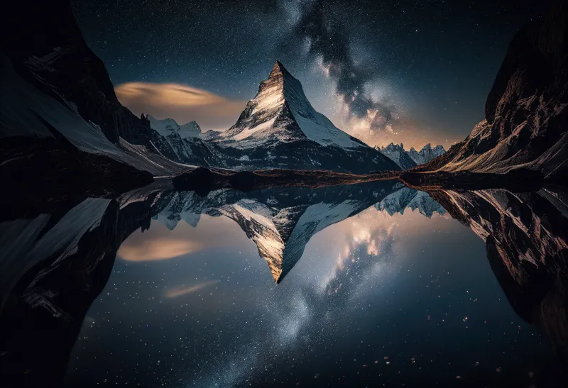 Matterhorn, Mountain Peak, Alps mountains, Switzerland, Milky Way, Swiss Alps, 5K, 8K, Reflection
