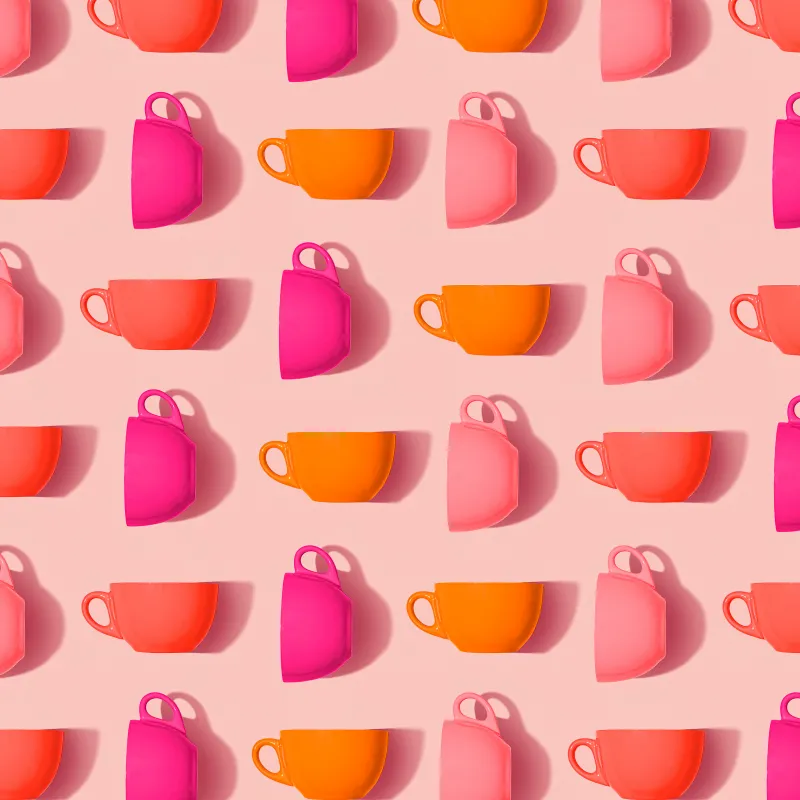 Tea cups, Pink cups, Orange cups, Rose background, Aesthetic, Pattern