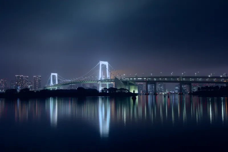 Rainbow Bridge Tokyo, Japan, Night, City lights, Reflection, 5K, Suspension bridge