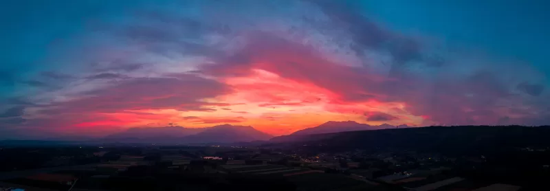 Sunset, Mountains, Countryside, Twilight, Afterglow, Red Sky, 5K, 8K