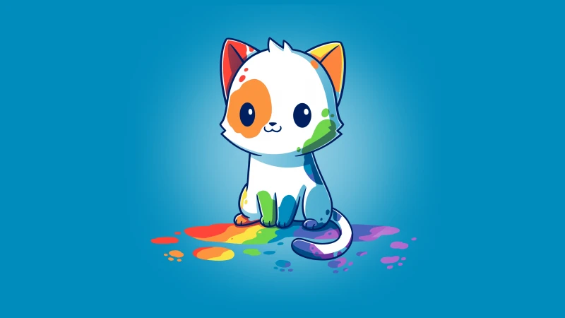 Rainbow cat, Blue background, Cute Cat, 5K, 8K, Colorful