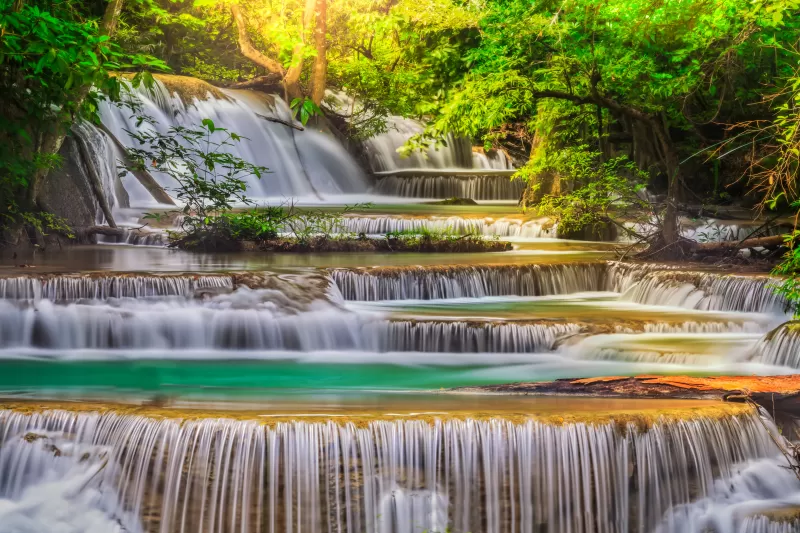 Erawan Falls, Waterfall, Forest, Spring, Rainforest, Thailand, Scenic, 5K