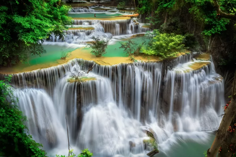 Huai Mae Khamin Waterfall, Tourist attraction, Rainforest, Spring, Thailand, 5K