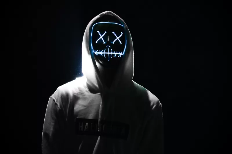 Man, LED mask, Dope, Night, Anonymous, Hoodie, AMOLED, Black background, 5K