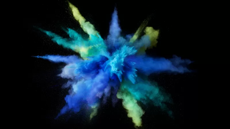 Color burst, Splash, Blue, Black background, macOS Sierra, Stock, 5K wallpaper