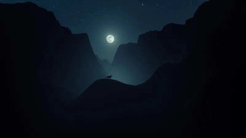 Wolf under the full moon, Dark canyon, Night, 5K wallpaper