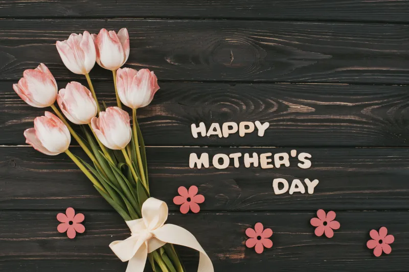Happy Mother's Day, Wooden background, Tulip Bouquet