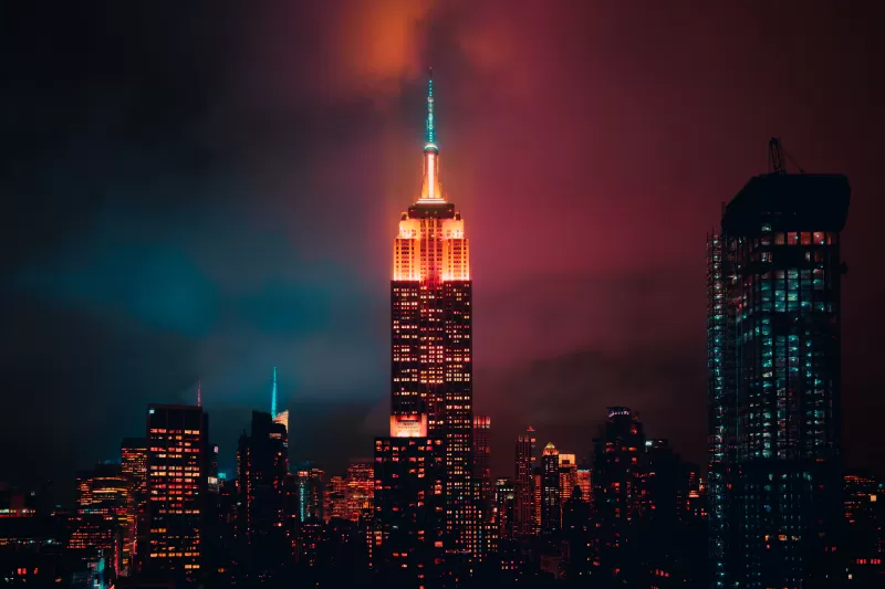 Empire State Building, Manhattan, New York City, Skyscraper, Night, Cityscape, City lights, Urban, Colorful, 5K