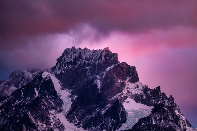 Patagonian peak, Pink twilight sky, Chile, 8K wallpaper