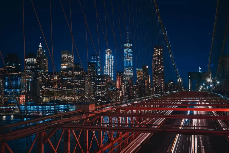 Brooklyn Bridge, Manhattan, New York City, Cityscape, City lights, Night, Urban, 5K
