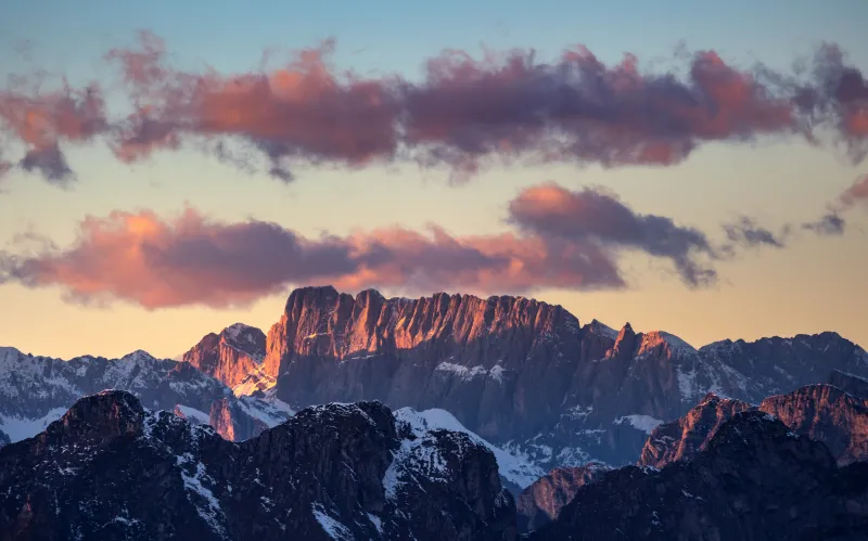 Dolomite mountains, Sunset, Mountain range, Dolomites, 5K wallpaper