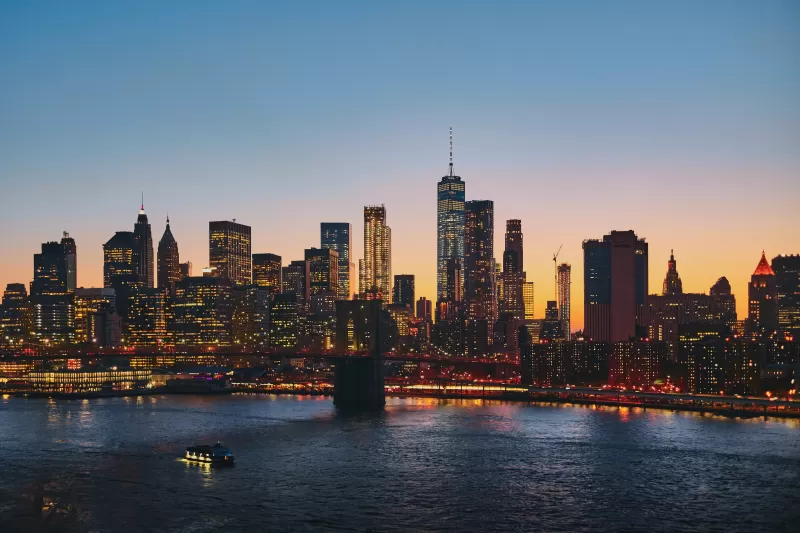 Manhattan, New York City, Manhattan Bridge, Cityscape, Sunset, Urban, Evening, City lights, 5K