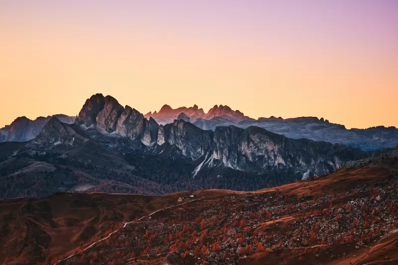 Giau Pass, Mountain range, Dolomites, Sunset, Landscape, Dawn, Italy, 5K wallpaper