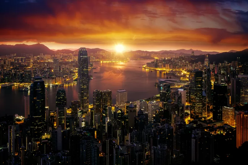 Hong Kong, Cityscape, Sunrise, City lights, Skyline, 5K