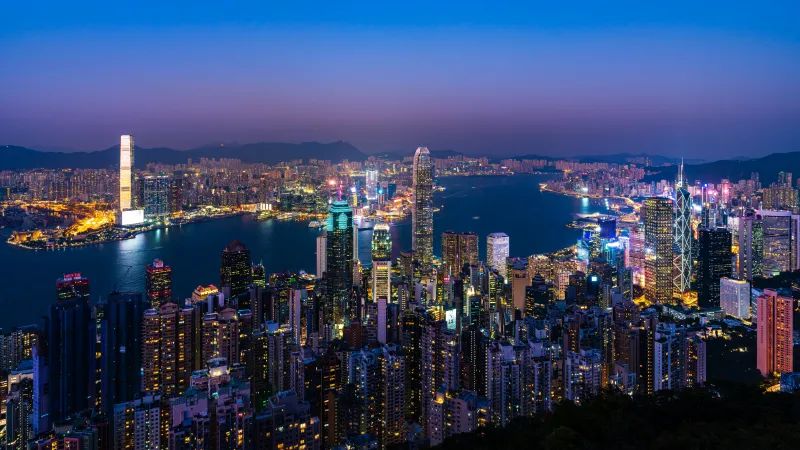 Victoria Harbour, Hong Kong City Skyline, Blue hour, Twilight, City lights, Sunset, 5K