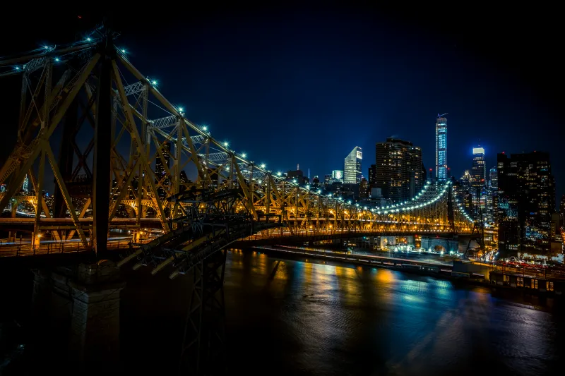 Queensboro Bridge, New York City, Cantilever bridge, City lights, Night City, USA, United States, Manhattan, Queens
