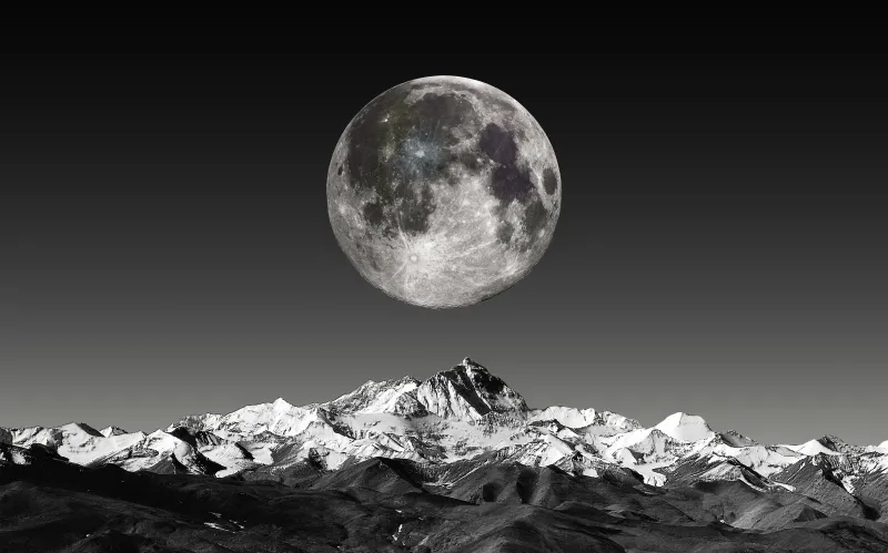 Full moon over Himalayas wallpaper, Black and white, Snowy peaks