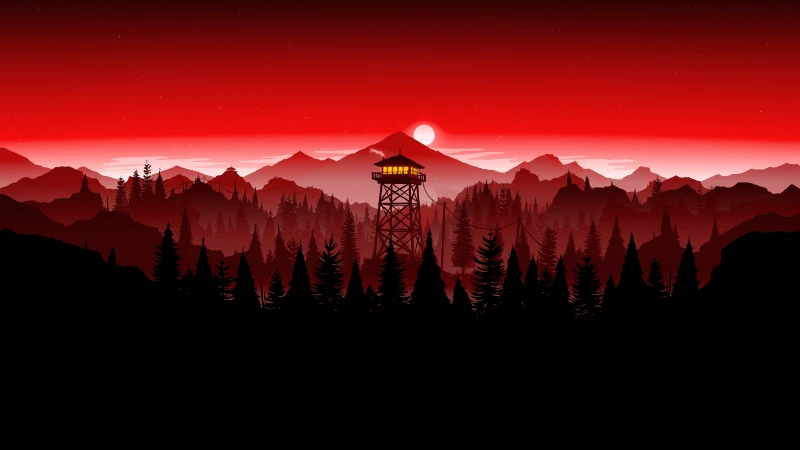 Firewatch, Red Sky, Mountains, Sunset, 5K