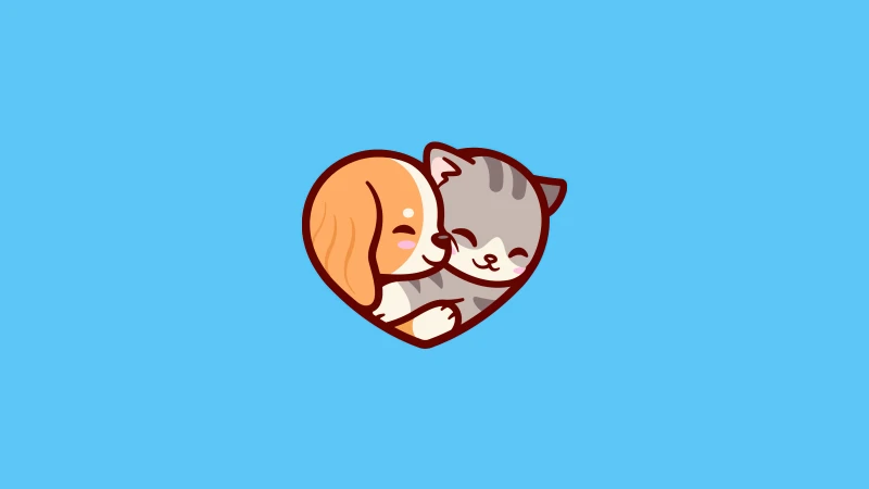 Puppy, Kitten, Love heart, Blue background, 5K