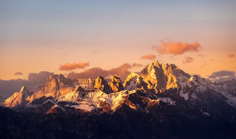 Dolomite mountains, Alps, Sunrise, Mountain range, 5K wallpaper, Golden hour