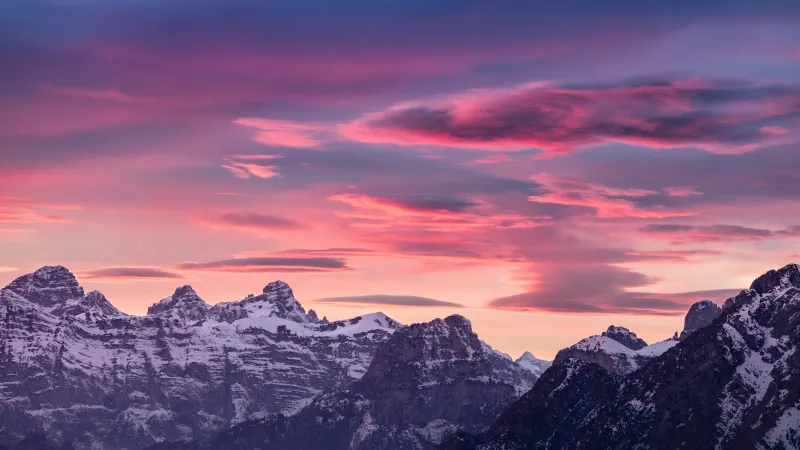 Alps mountains, Dolomites, Sunset, Dusk, Pink sky, 5K wallpaper
