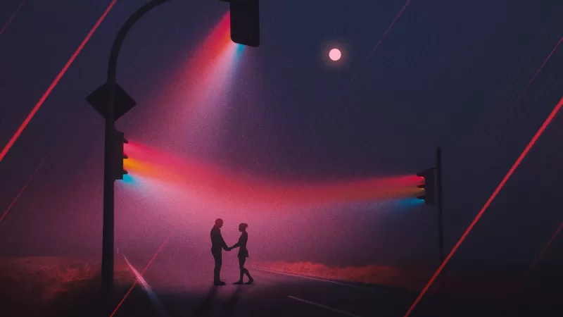 Couple, Silhouette, Traffic lights, Night, Romantic, Focus, Spectrum, Moon, Road
