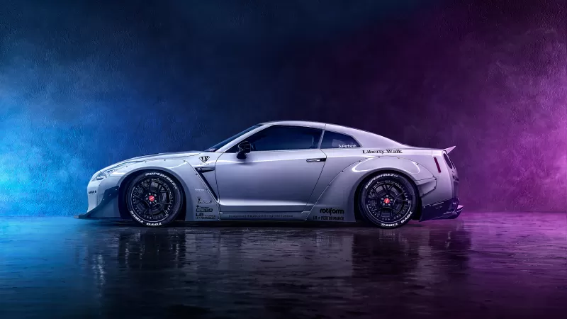 Nissan GT-R, Neon, Digital Art, Smoke, Dark background