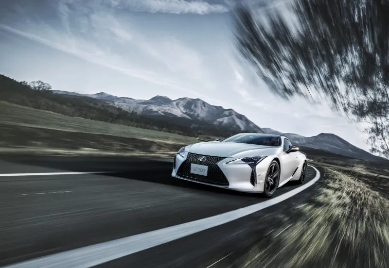 Lexus LC 500 Edge, White coupe, Mountain road, Motion blur, 2023 wallpaper