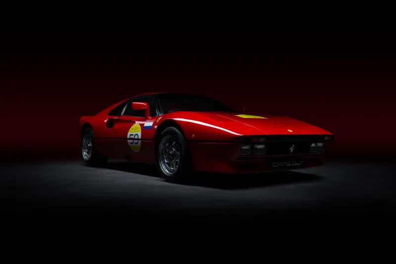 Ferrari 288 GTO wallpaper, Red classic supercar, Dark studio, Race number