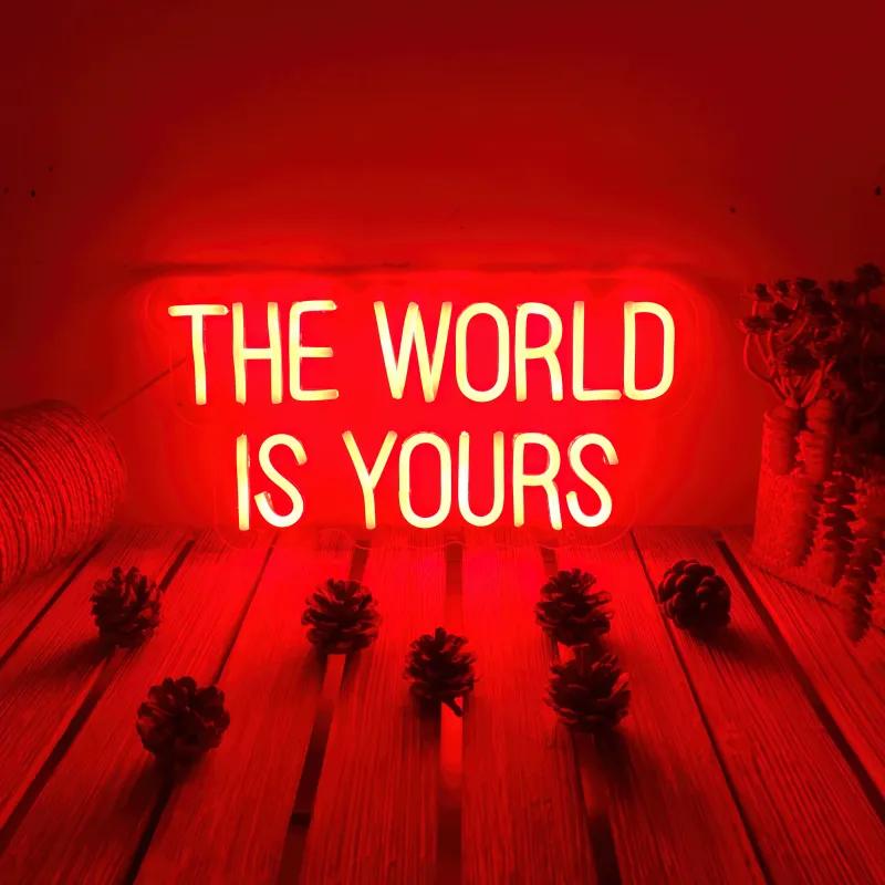 The World is Yours, Neon sign, Red aesthetic, 5K background