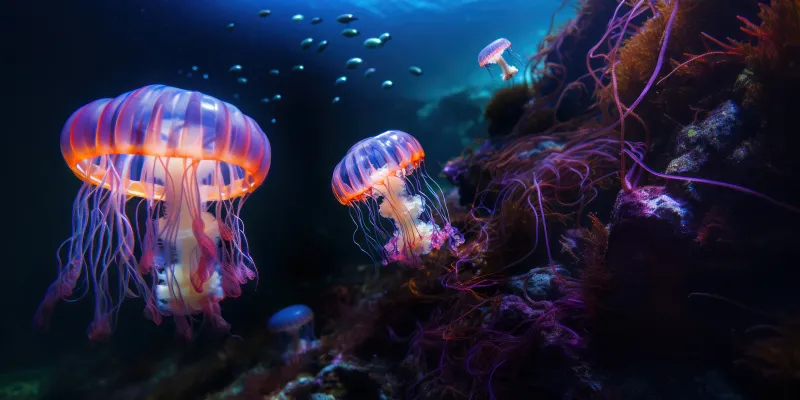 Jellyfishes, Coral reef, Surreal, AI art, Ocean, Underwater